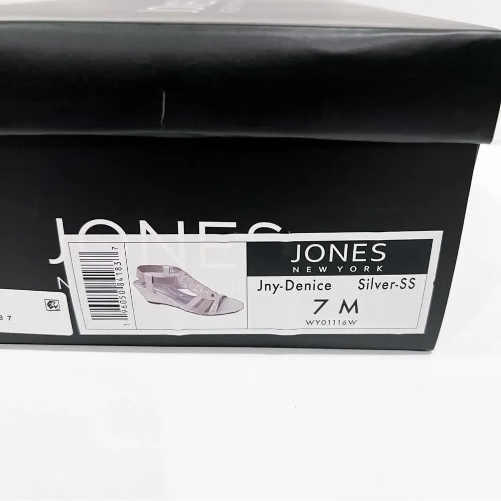Jones New York Denice Strappy Bling Wedge Sandals Elastic Ankle Silver 7 NEW